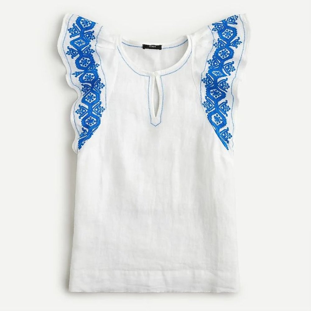 J Crew Embroidered Linen Flutter Sleeve Top, XS
